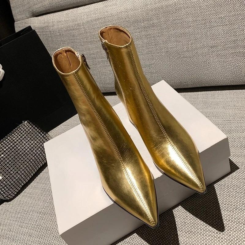 Bright Leather Block Heel Single Boots Autumn New Pointed Toe Side Zip Anti-Slip Wear-Resistant High Heels