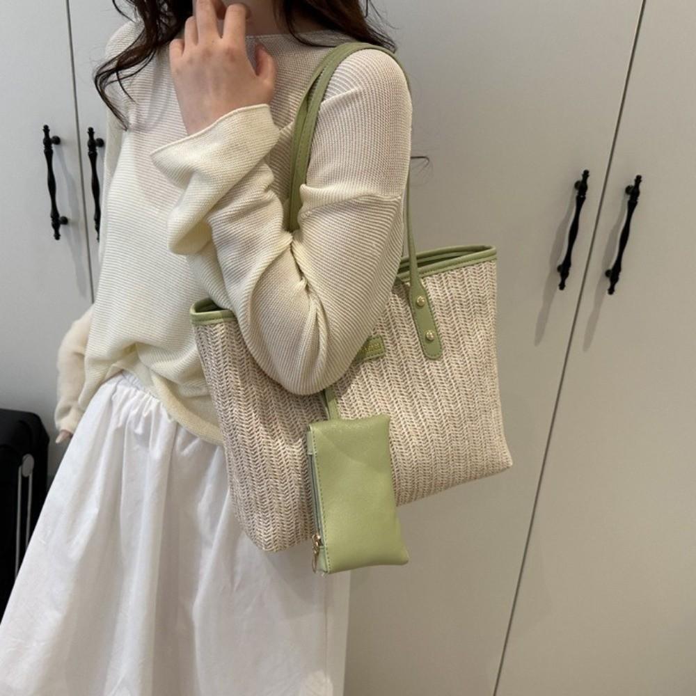 PU Weave Tote Bag Solid Color Beach Straw Handbag Simple Straw Shoulder Bag  Women