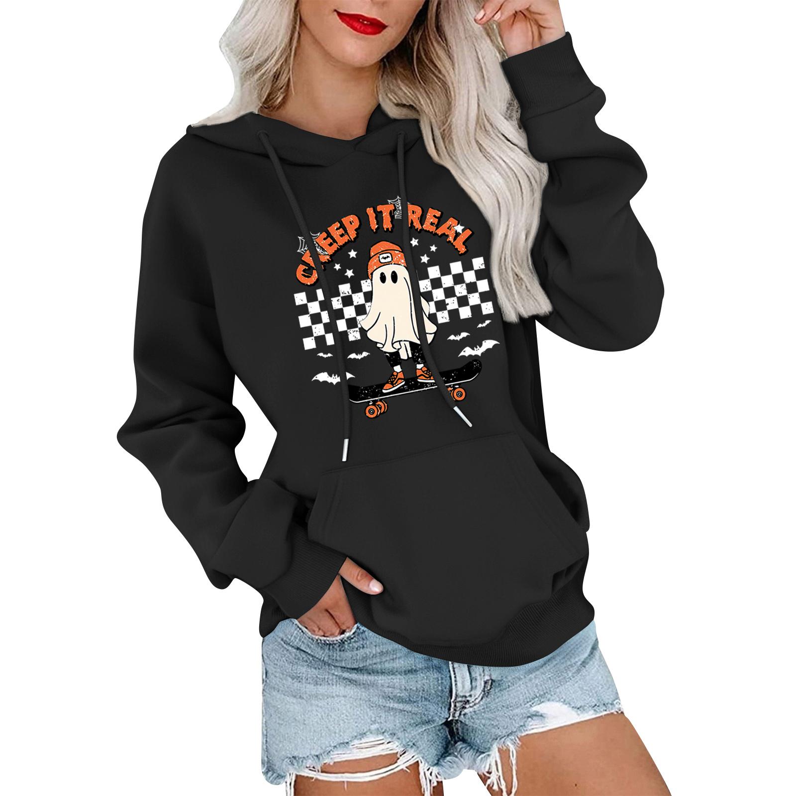 

Women s Fashionable, Casual, Comfortable Round-neck, Hooded, Long-sleeved, Halloween-print Warm Sweater XXXL чорний