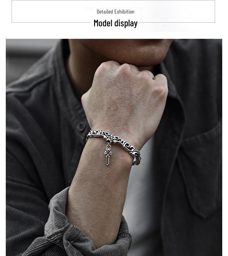 Korean S925 Silver Retro Vine Bracelet with Star Cross Pattern