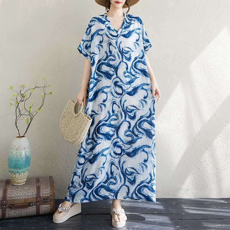 

Женское свободное пляжное платье Ретро длинный халат Large size average size синий