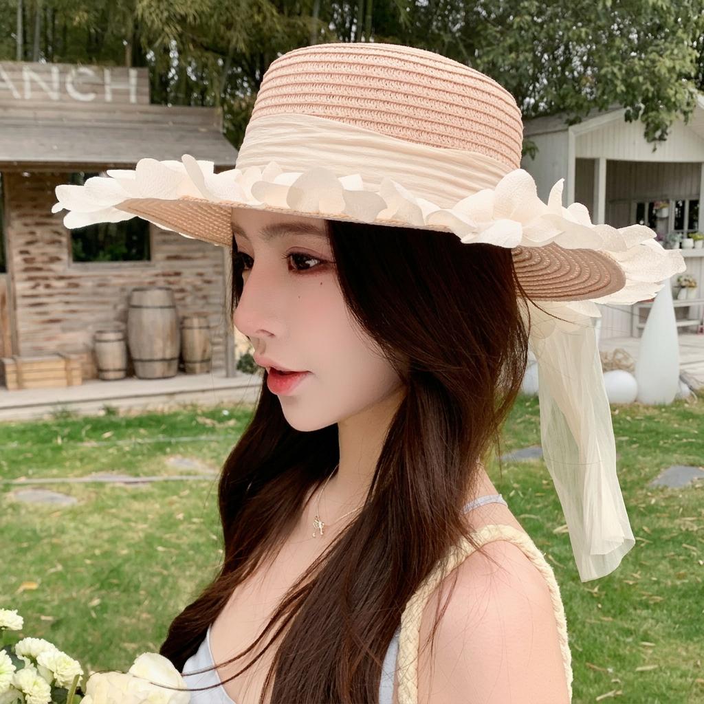 Wide Brim Sun Hat Exquisite Outdoor Vacation Sun Hat Women'S Flat Top Straw Sun Hat Adjustable For Beach Vacation Picnic Seaside