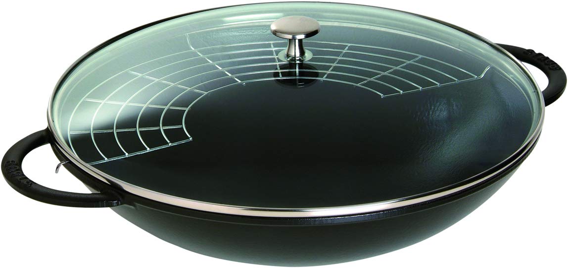 

staub 37 см, велика китайська емальована каструля, сумісна з японською, зі скляною кришкою та решіткою для темпури Wok Black , дворучна [авторизований продукт] 40509-398
