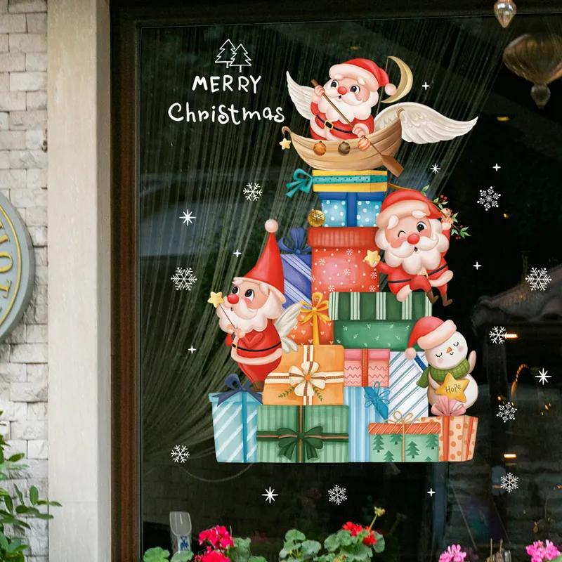 Christmas Window Stickers, Santa Claus Christmas Tree Cartoon Glass Decals, Merry Christmas Holiday Decorations.