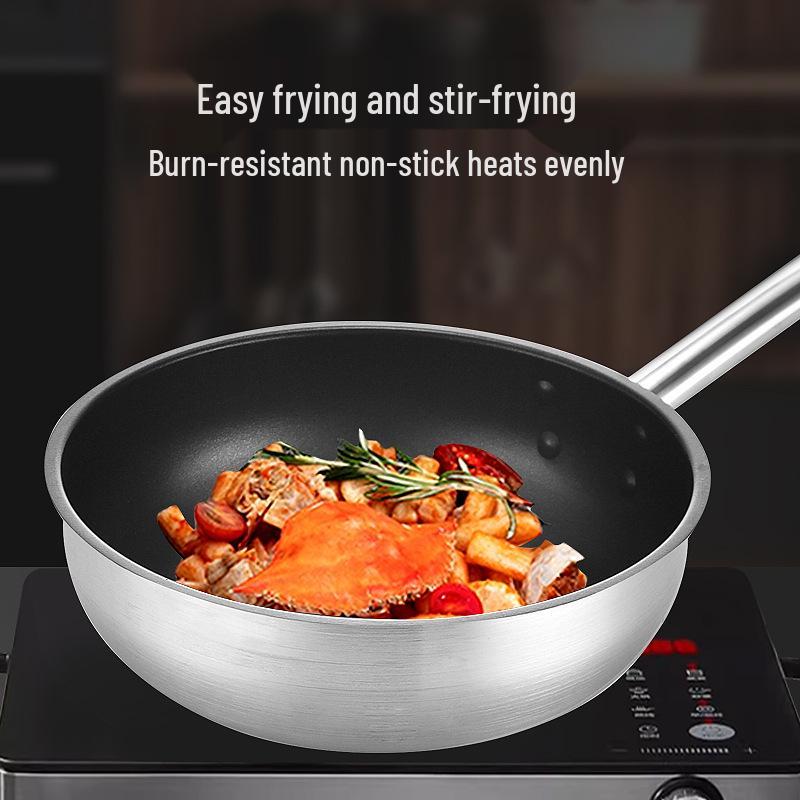 Non-Stick Stainless Steel Frying Pan with Composite Bottom for Eggs, Pancakes, and Steak - Single Handle, Induction Compatible.