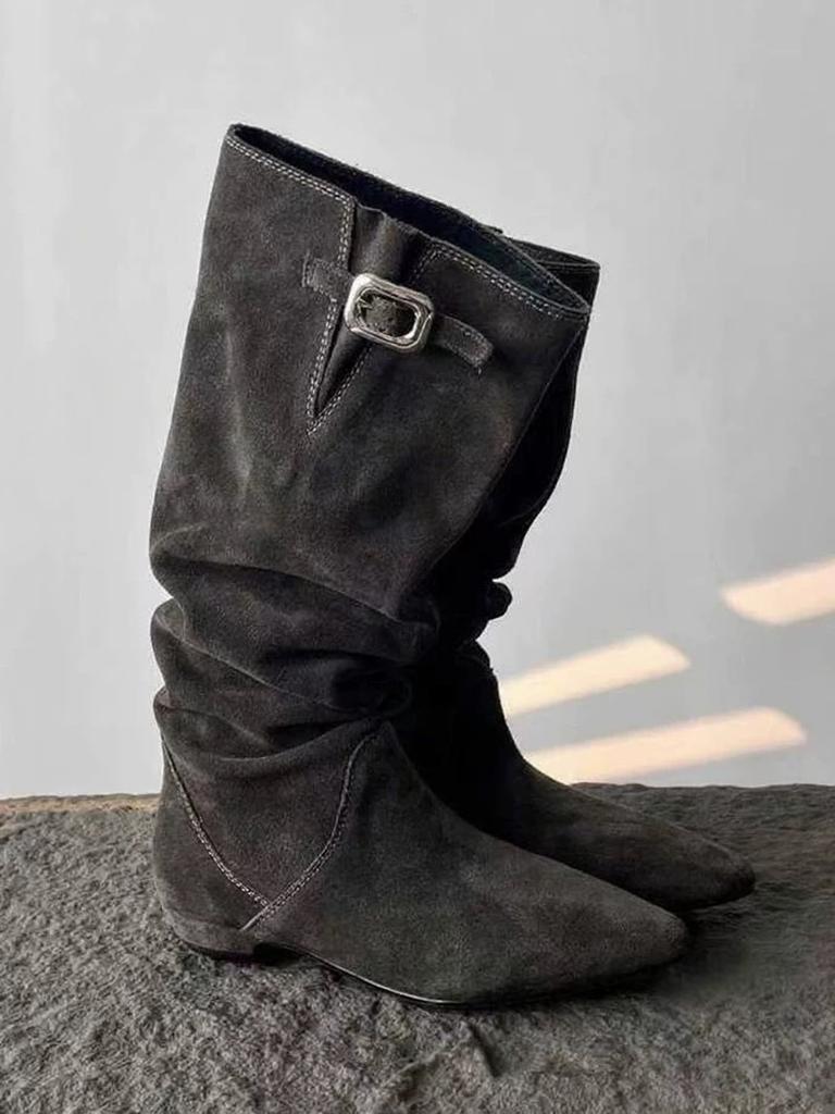 Sheepskin Version~ Pile Boots Belt Buckle Skinny Boots Pointed Low Heel Retro Western Cowboy Boots Female Knight Boots