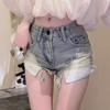 Women's High Rise Distressed Denim Shorts Slim Fit Vintage Raw Edge Fringe Hot Pants American Streetwear Short Pants For Summer