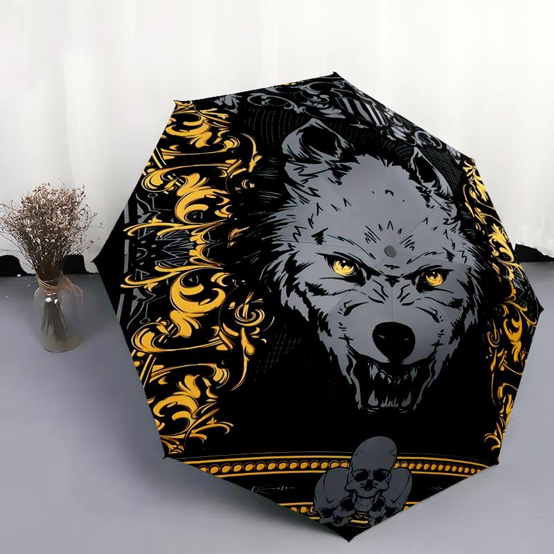 1 Stück Wolfsmuster Regenschirm Tragbarer Faltregenschirm Eisenrahmen Lochknochenstruktur Outdoor Heimregenschirm