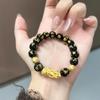 Gold-Plated Six-Character Mantra Buddha Bracelet: Men's Black Obsidian Agate with Gold Beads and Pixiu.