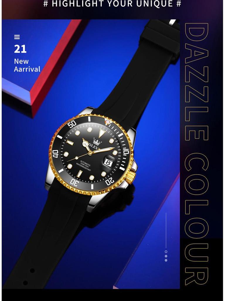 Oulishi Ceas Automatic Luminos pentru Scafandri cu Curea de Silicon pentru Bărbați