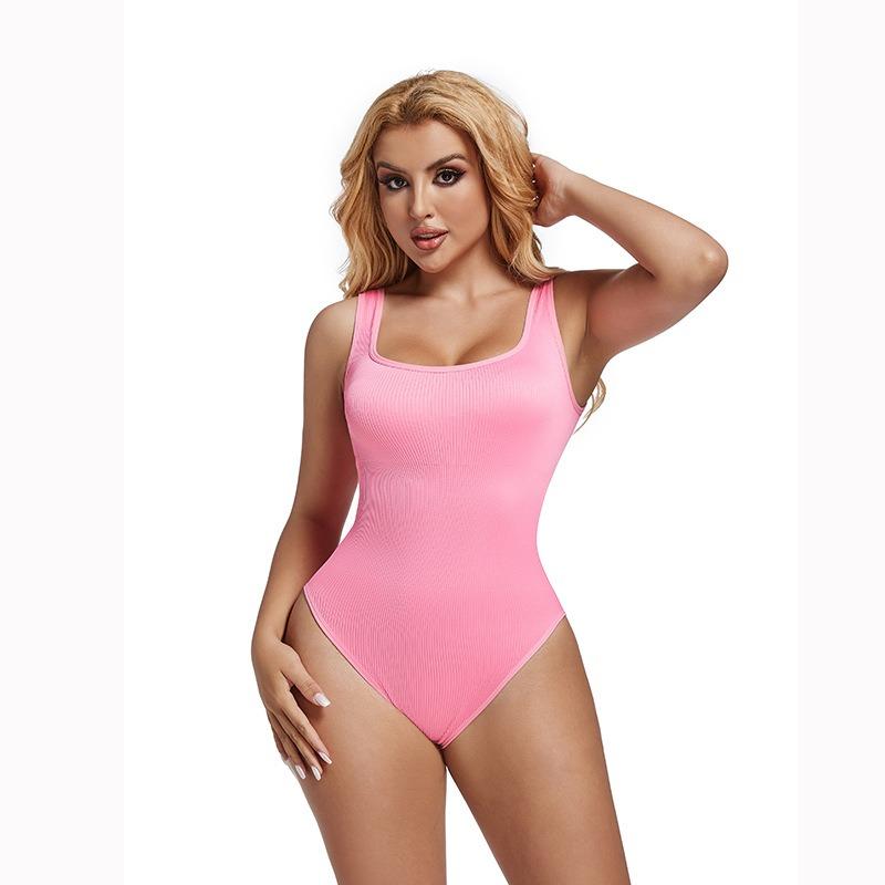 Body Shapewear Senza Cuciture a Coste con Scollo Quadrato, Modellante Vita e Addome