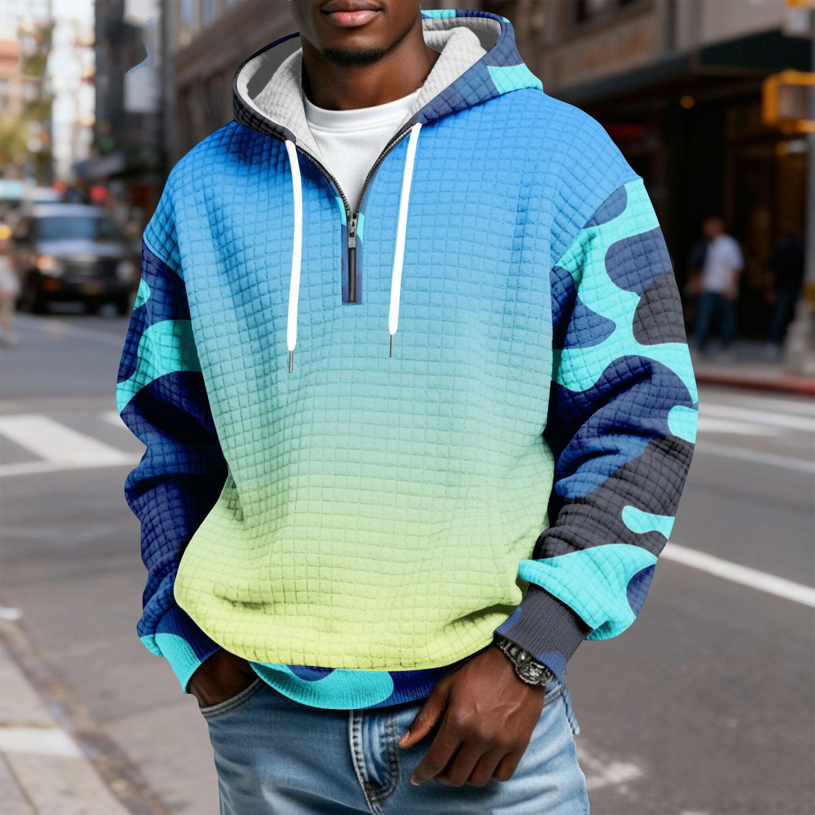 

Men s Half-Zip Hooded Plaid Pullover Drawstring Print Casual Sports Sweatshirt XXL