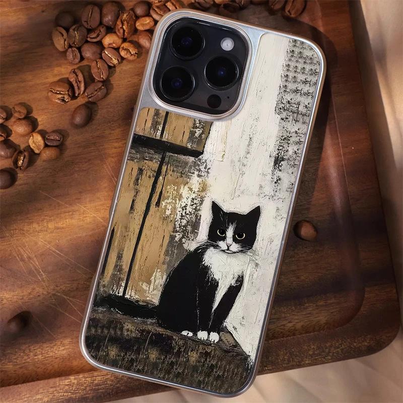 Oil painting cow cat suitable for IPhone16/17pro mobile phone case 14 matte PC15 electroplating 12 large holes 13 hard case