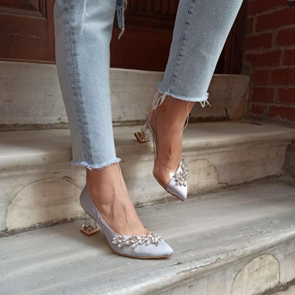 Moda Femei Argintiu Satin Leaf Stone 7 cm Pantofi cu toc cu detalii transparente
