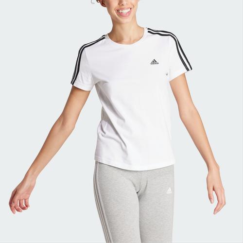 Adidas Striped Embroidered Sports Crew Neck Short Sleeve T-Shirt, Women's, White