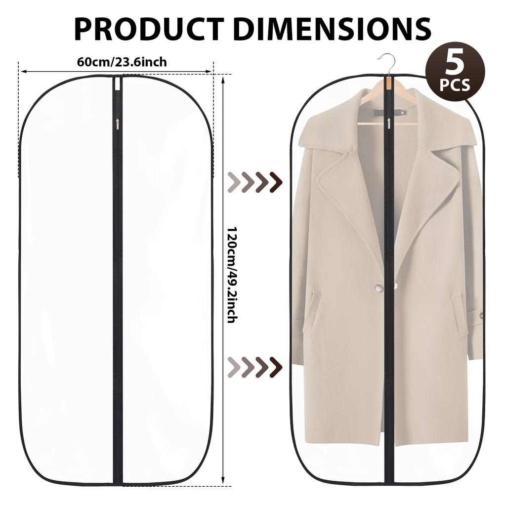 5Pcs Garment Bag Transparent Suit Dust Proof Cover with Zipper Multi-role Travel Dress Bag Wardrobe Storage Bag for Home Travel