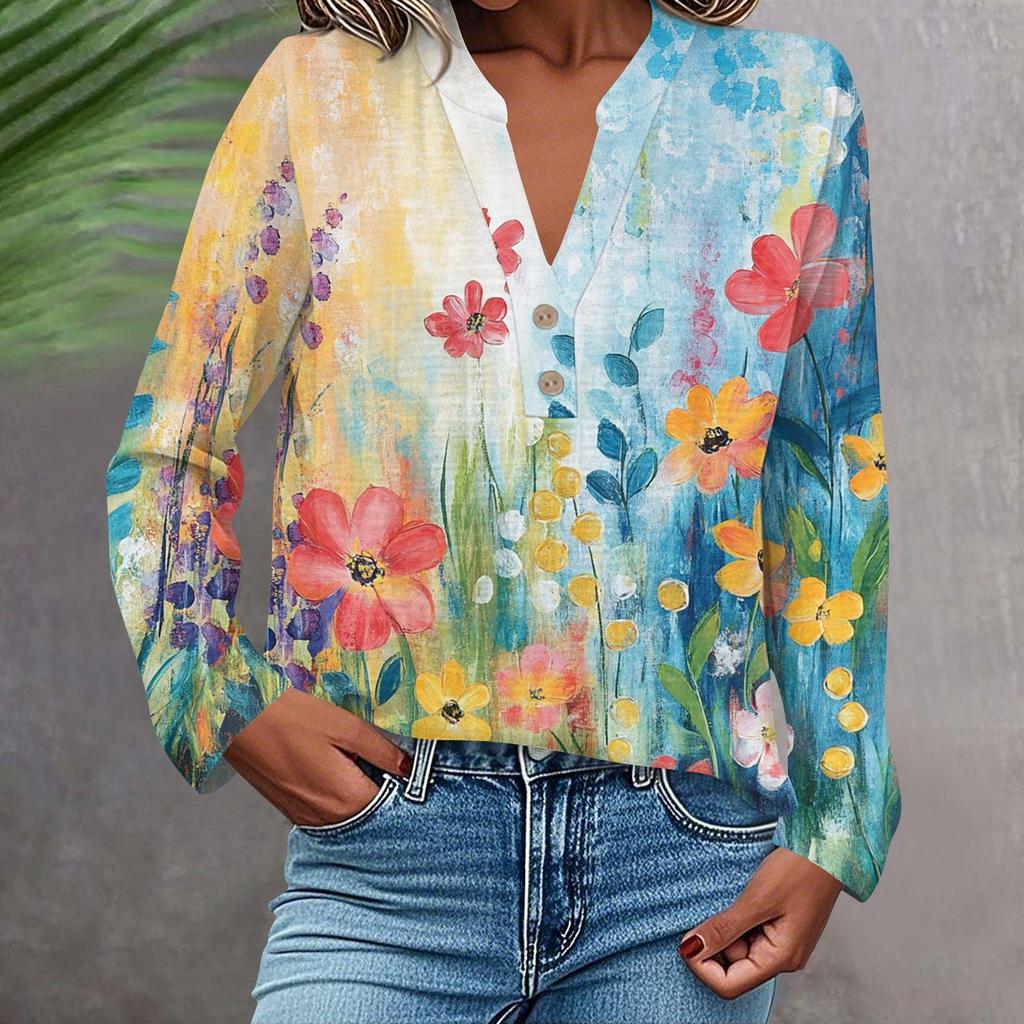 Women's Fashionable And Casual Shirt Long Sleeve V-neck Button Printed Blouse Top