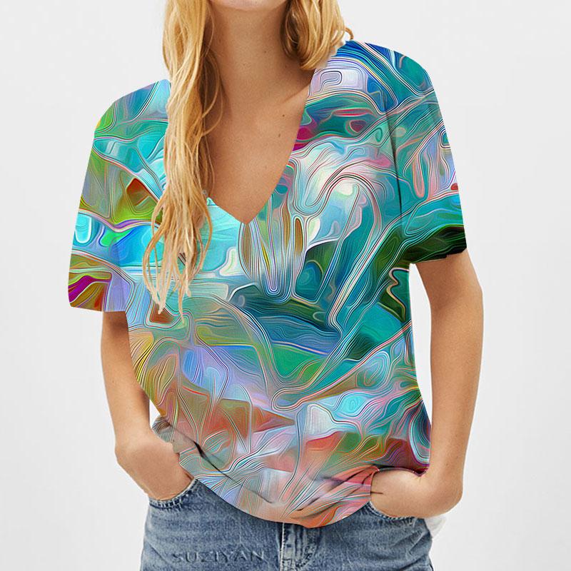 

Модные весенние блузки с красочным принтом, футболки с V-образным вырезом и короткими рукавами, повседневные 8XL зелёный