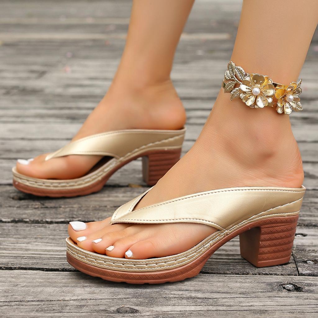 Fashion Casual Silver Pu Strap Flip Flops Women Vintage Round Toe High Heels Slip On Sandals Women 2025 Summer Elegant Shoes for Ladies