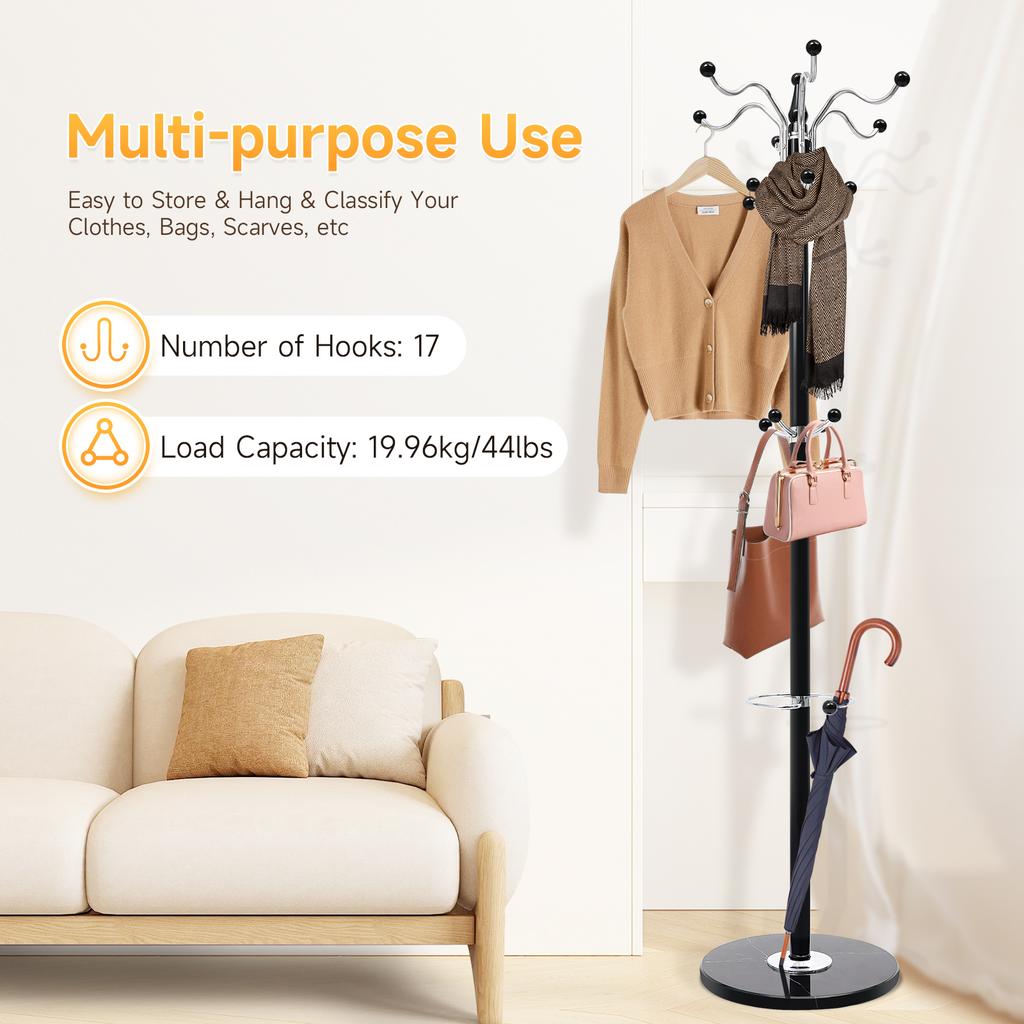 17-Hook Hat Rack Organizer Stand, Sturdy Metal Coat Stand with 360° Rotating Head & Marble Base, for Hat Scarf Bag Clothes