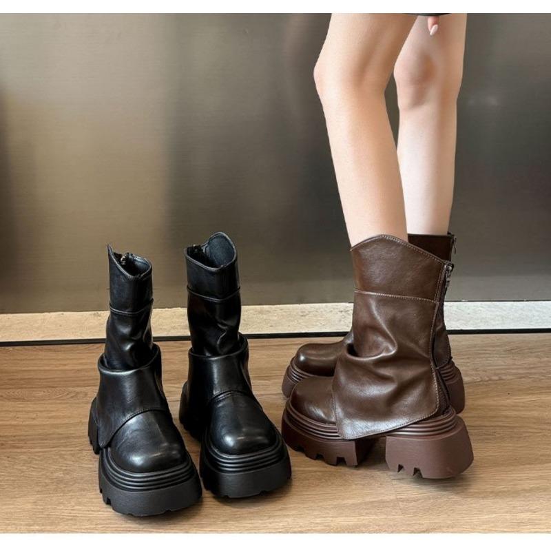 Fashion Women Fashion Mid Calf Thick Boots Splicing Pleated Designer Winter 2025 Trend Vintage Women Shoes Leather Punk Modern Boots
