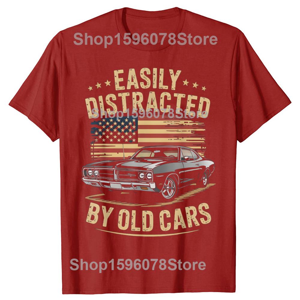 

Easily Distracted by Old Cars Classic Car Guy Tshirts Men Fashion Print Loose Oversized Streetwear Hip Hop Unisex T Shirt S
