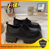 "Women's Black Chunky-Heeled Lace-Up Leather Loafers for Spring/Summer 2024 - British & Japanese Style"