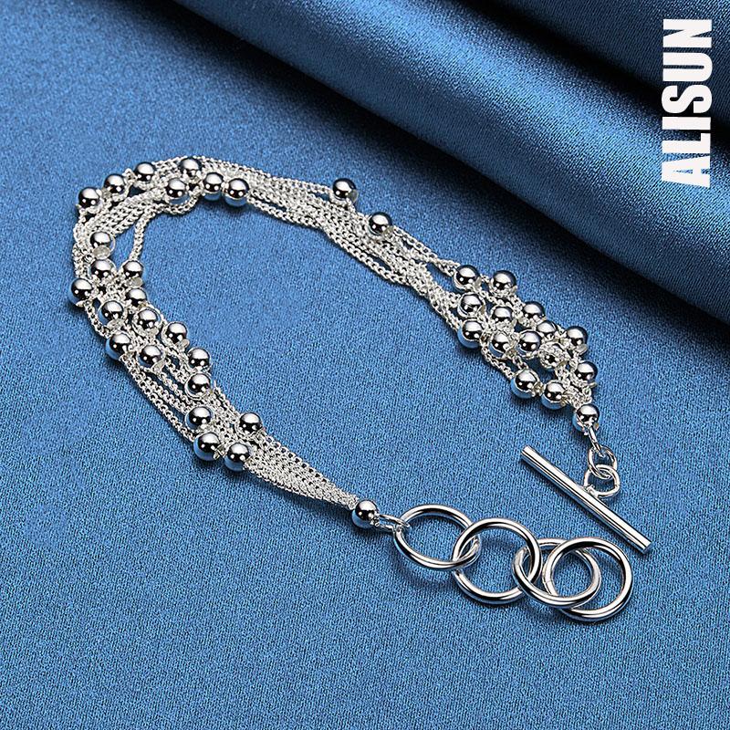 925 Sterling Silver Gloss Face Bead Multi Chain Bracelet Fashion Wedding Jewelry