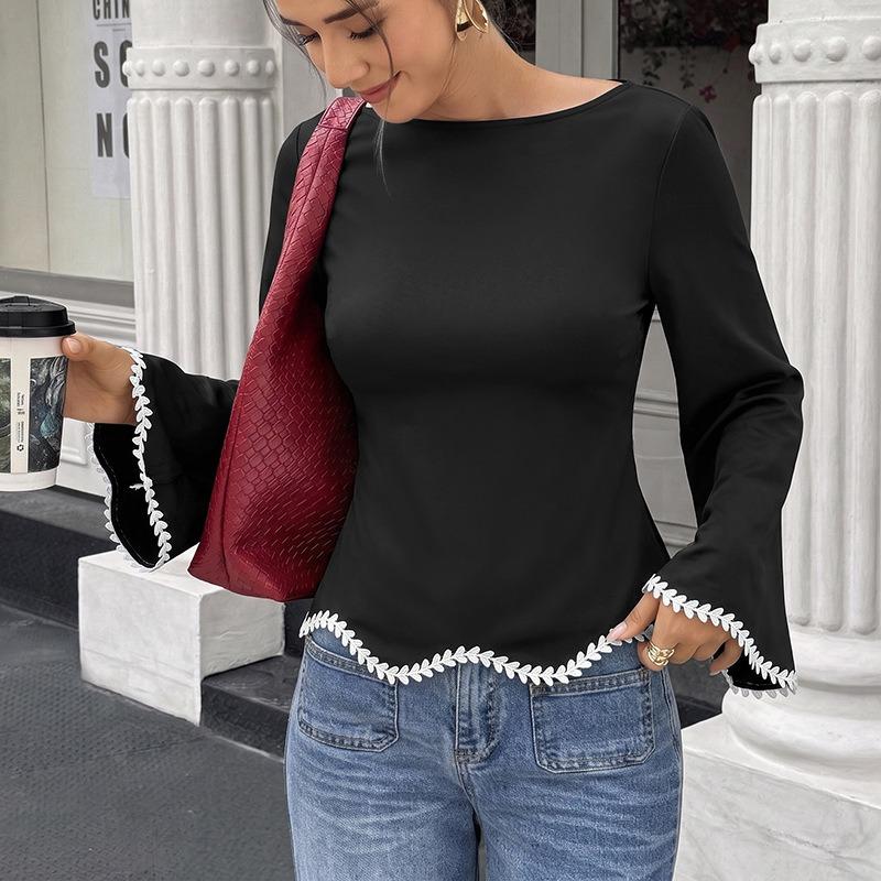 Women Lace Trim Patchwork Lace Up A Line Long Sleeve Commute Blouse For Ladies