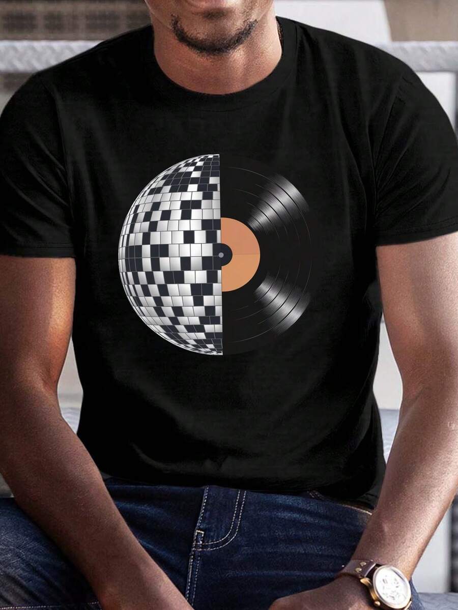 

Disco Ball And Vinyl RecoJIA Printed Unisex s Versatile Casual Short-Sleeved T-Shirt S