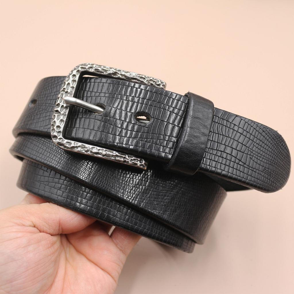 3.8CM Men's Belt Genuine Leather Belt Casual Retro Burst Needle Buckle Shiny Front Layer Cowhide Lazy Belt