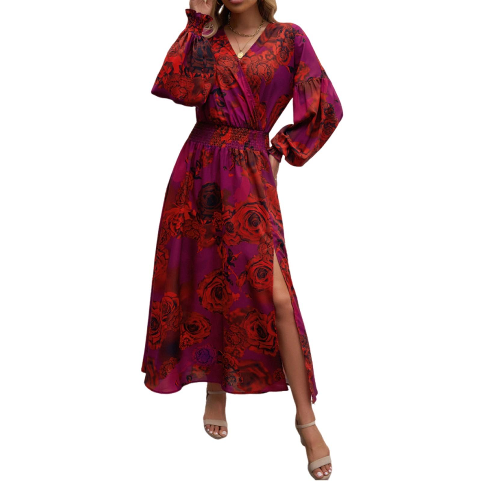 

Женское платье повседневное с V-образным вырезом и высокой талией, с винтажным цветочным принтом и длинными рукавами XL красный