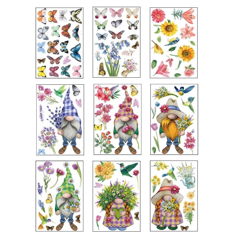 

9 листов Наклейки на окна с гномами-бабочками Весенний узор с цветами и птицами Наклейки-аппликации для декора спальни и гостиной 1