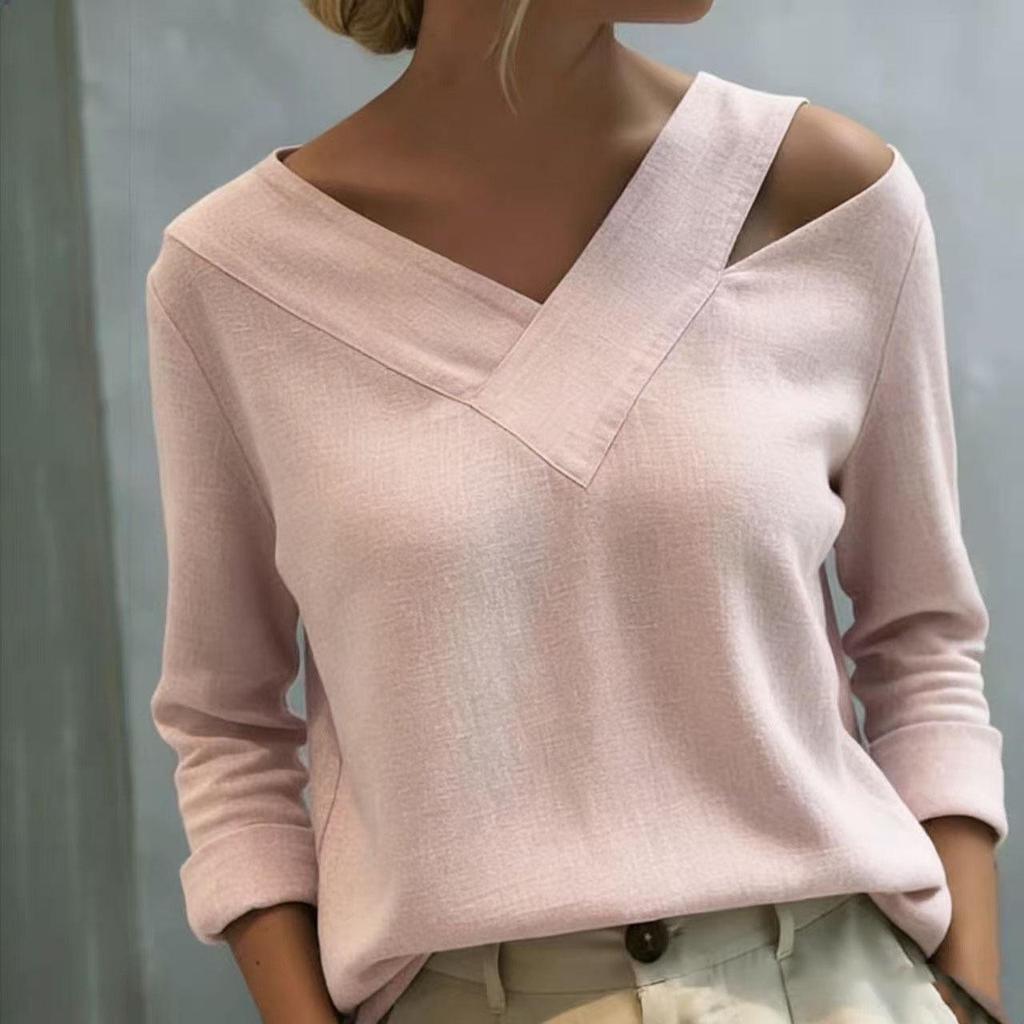2026 Spring/Summer Elegant Off-Shoulder V-Neck Solid Color Long-Sleeve Top