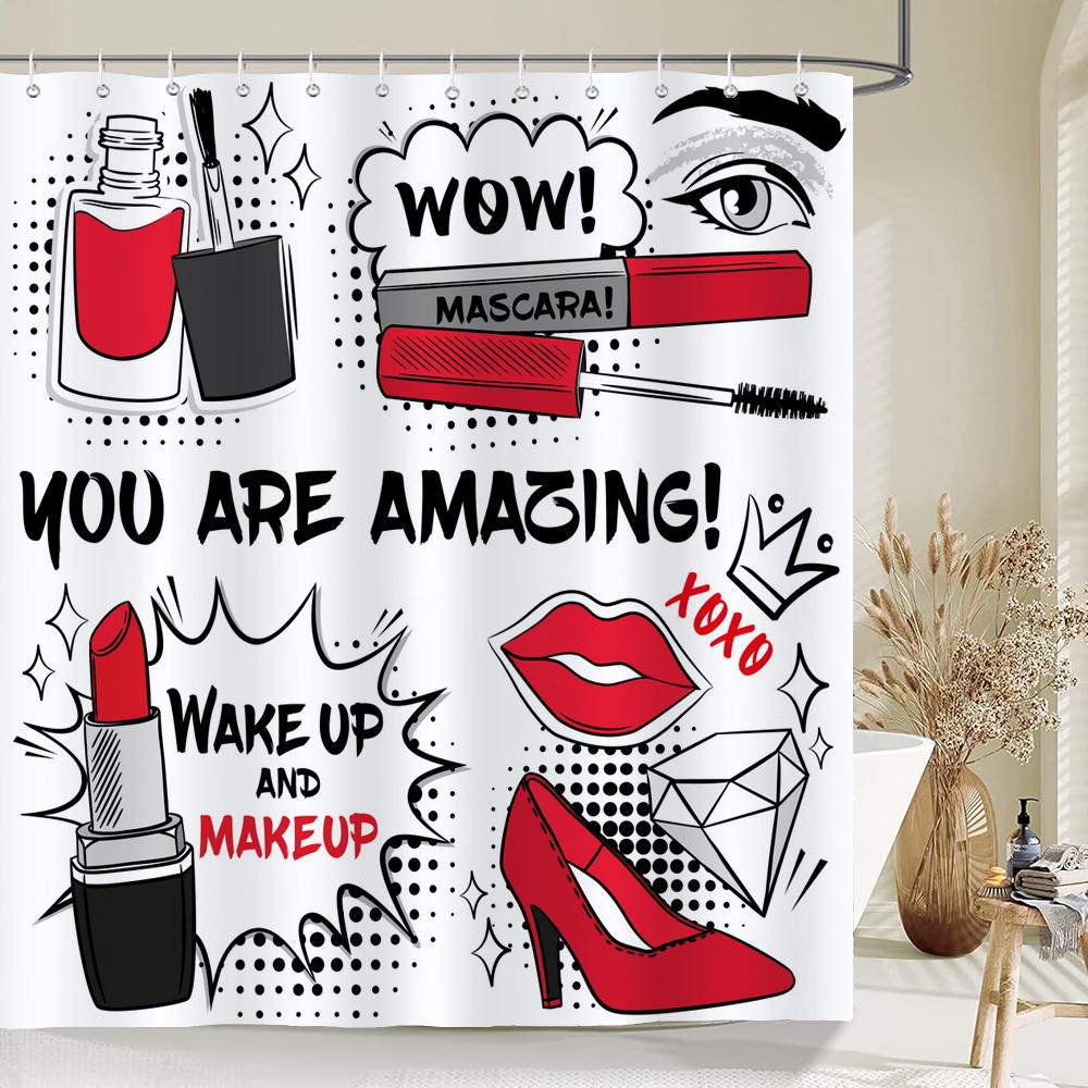Sexy Red Lips Pink Print High Heel Shower Curtain Cosmetic Perfume Pink Girl Bedroom Decor Curtains Waterproof Bathroom Curtain