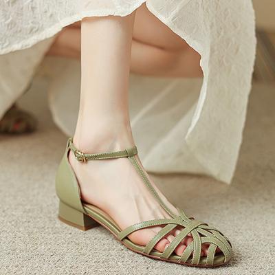 Retro Thick Heel Women Sandals Hollow Out Breathable 2024 New Fashion Casual Simple Solid Color All-match Women Shoes Summertime