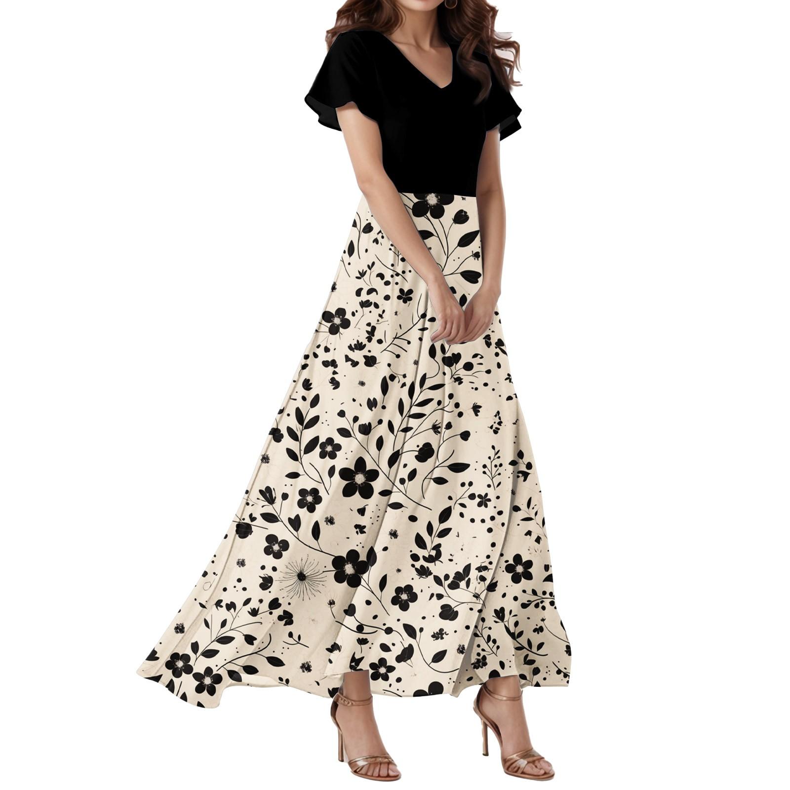 

Женское свободное повседневное платье с V-образным вырезом, короткими рукавами, высокой талией и цветочным принтом Платье с цветочным принтом L бежевый