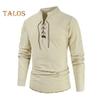 Spring Autumn Men Shirt Lace-up Stand Collar Long Sleeves Solid Color Loose Retro Medieval Mid Length Casual Commuting Office Top