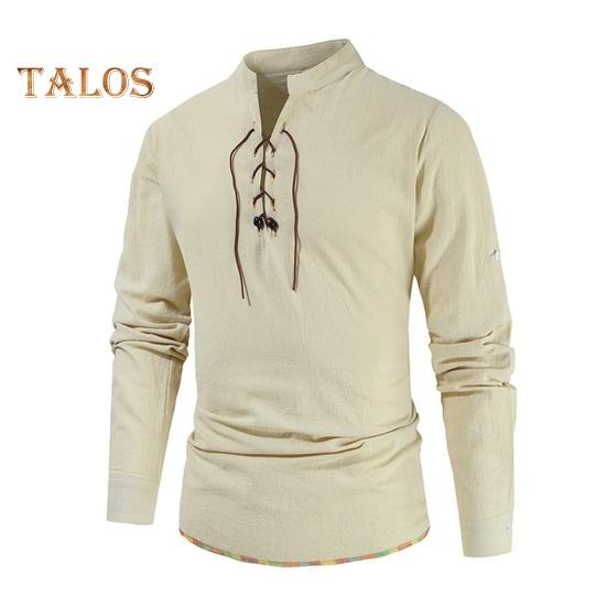 Spring Autumn Men Shirt Lace-up Stand Collar Long Sleeves Solid Color Loose Retro Medieval Mid Length Casual Commuting Office Top