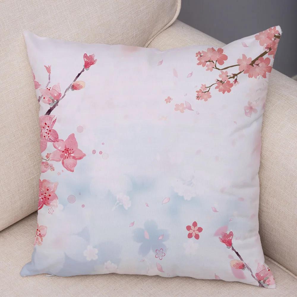 Pink Peach Blossom Cushion Cover Decor Watercolor Cartoon Plant Tree Pillow Case for Sofa Home Car Soft Plush Pillowcase 45x45cm