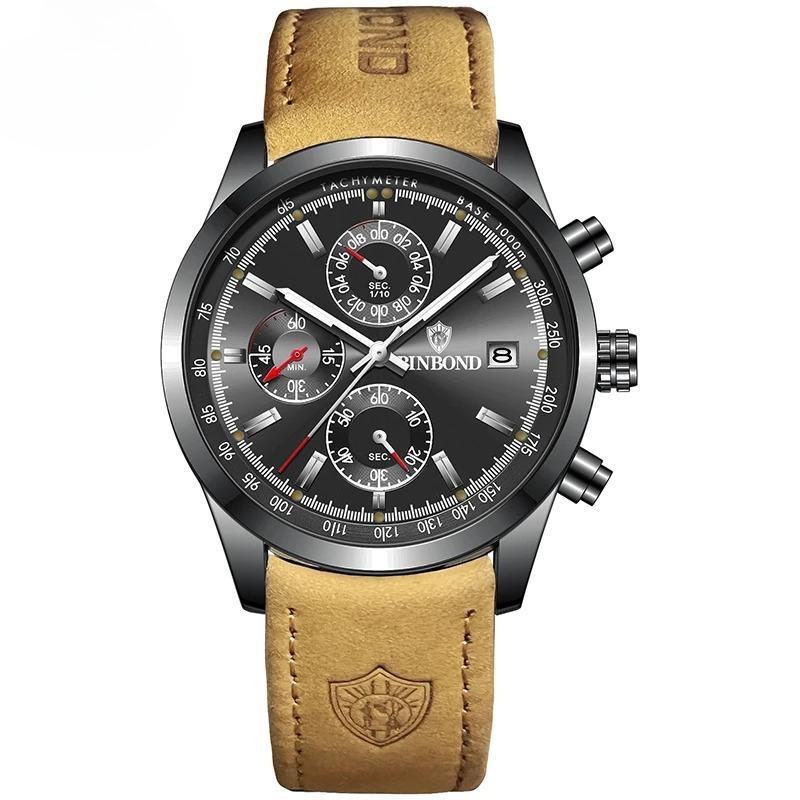 Luxury Brand New Fashion Men's Watches Real leather Strap Waterproof Sport Quartz Chronograph Military Watch Men Clock