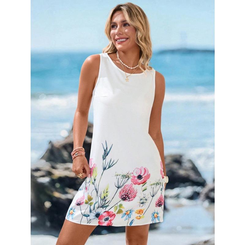 

Women s Round Neck Floral Print Sleeveless Mini Dress Beach Vacation L