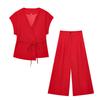 2025 Summer Women's European & American Style V-Neck Lace-Up Top + Pleated Pants Set