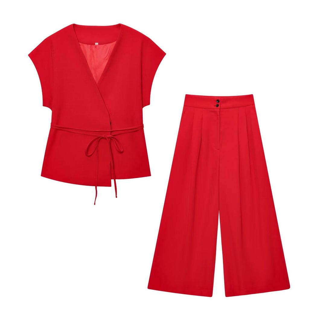 2025 Summer Women's European & American Style V-Neck Lace-Up Top + Pleated Pants Set