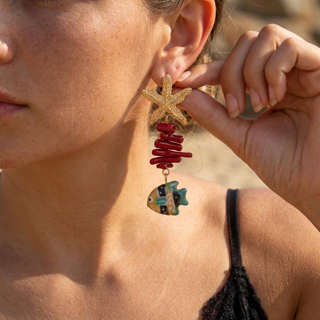 Dopamine Funny Painted Fish Drop Earrings for Women Colorful Starfish Faux Coral Dangle Summer Beach Vacation Jewelry Gift