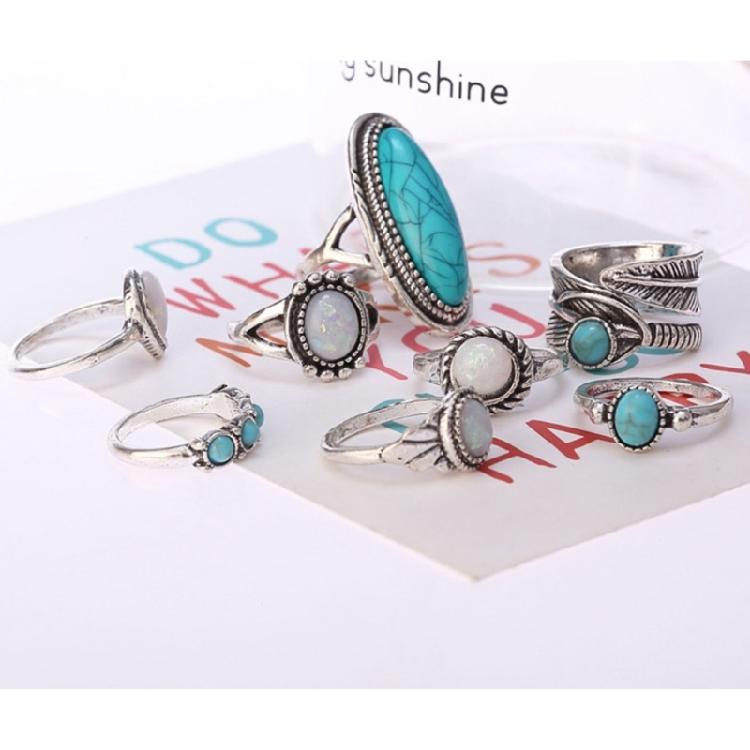 Vintage Boho Blaustein Türkis Ringe Ethnische Stile Fingerring Set Schmuck