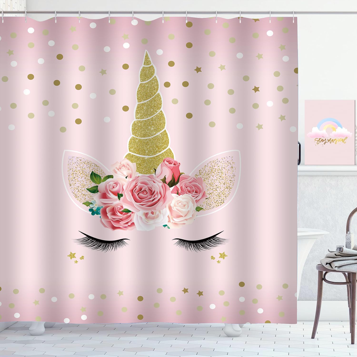 

Unicorn Polka Dot Pink Shower Curtain For Girls, Waterproof Polyester Fabric Kids Bathroom Decor With Fantasy Pattern W60H190(CM)-1 Pcs