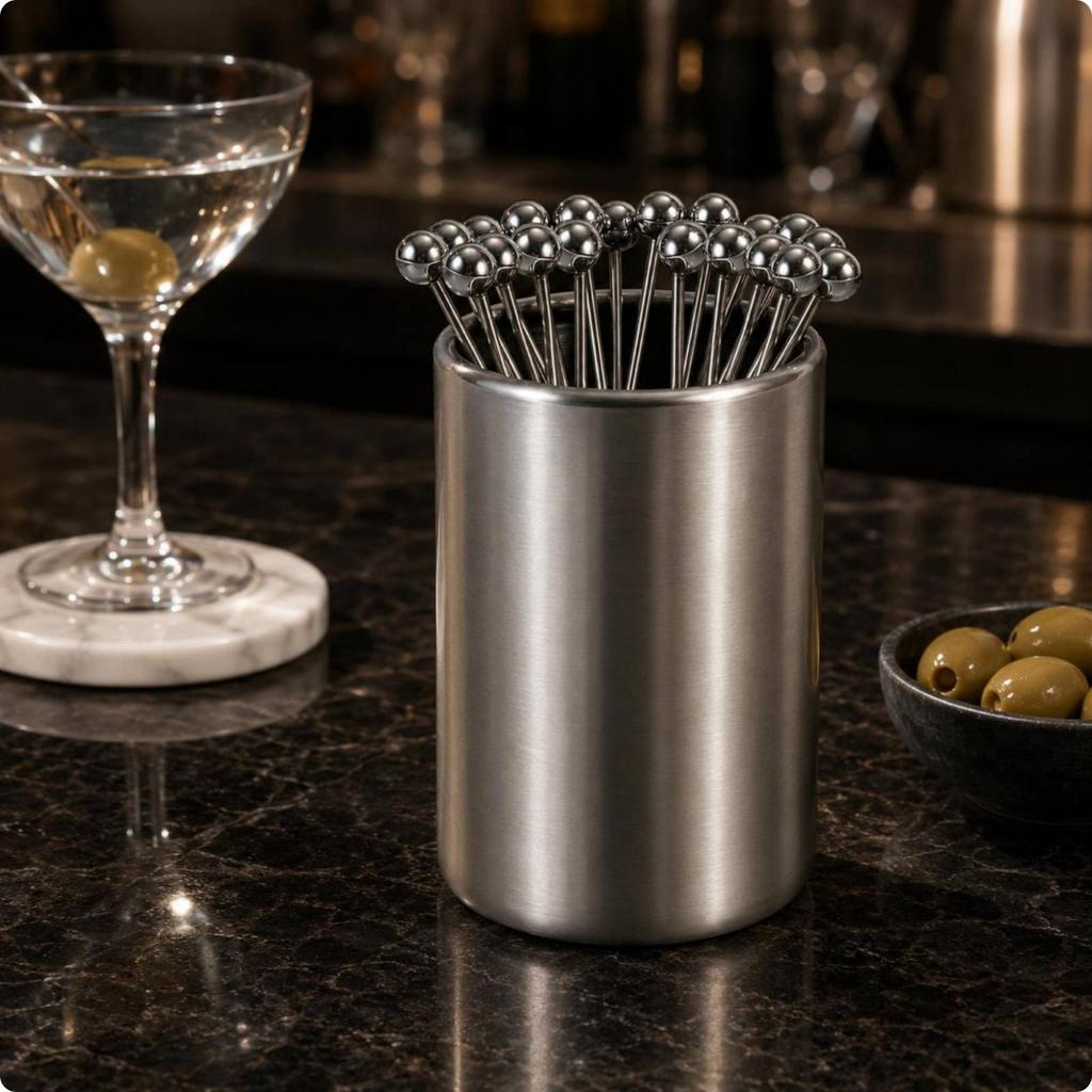 Stainless Steel Pick Holder Set Cylindrical Cocktails Open Top