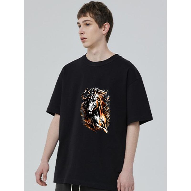 Black T Shirt With Horse Flame Design For Casual Wear