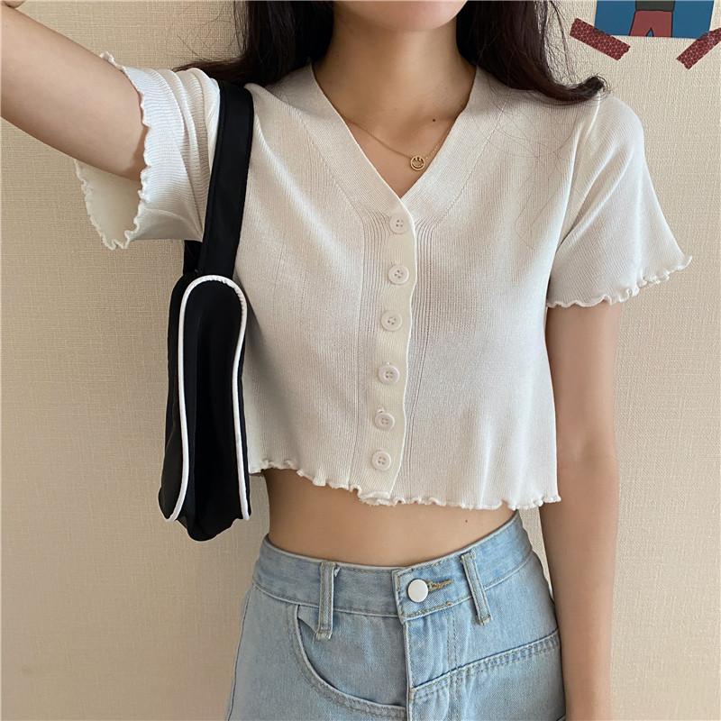 Fashion Versatile Fashionable V-neck Short Revealing Top Outside The Thin Section of Short-sleeved Knit Sweater Female Casual Slim Fit Pullovers Tees